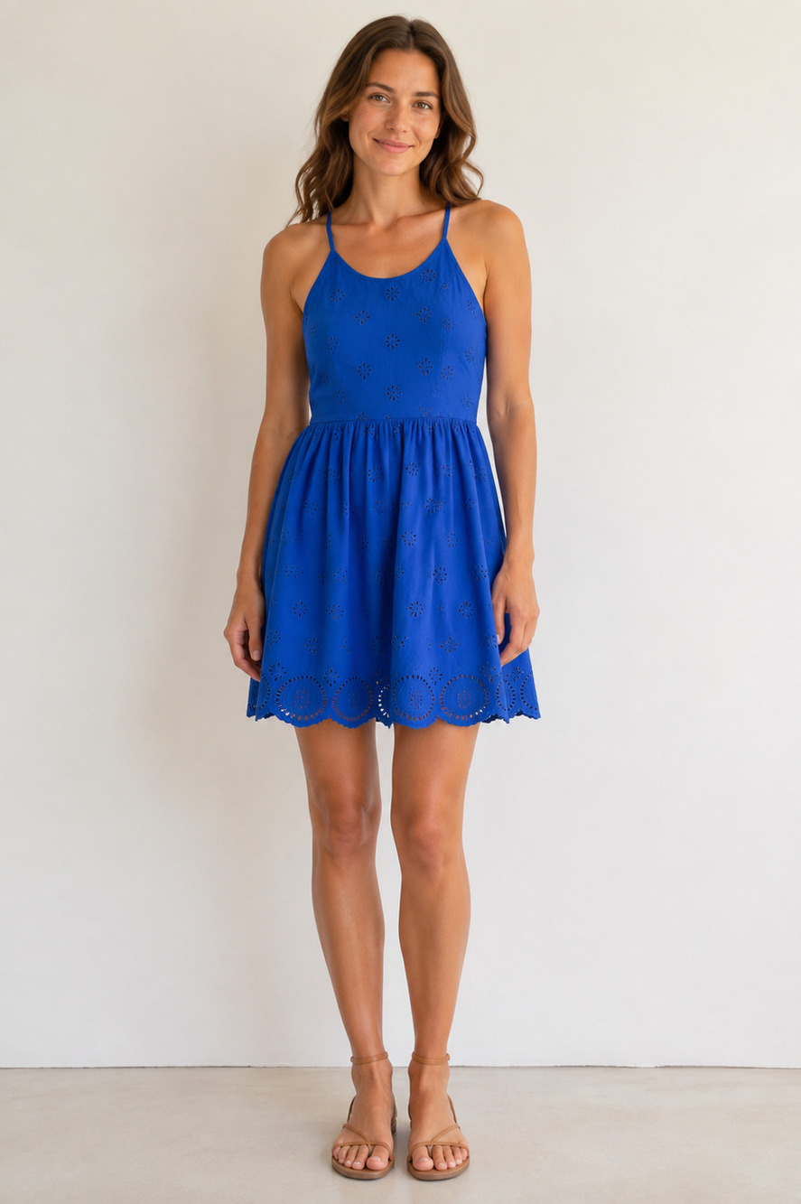 VTG Aeropostale Blue Eyelet Halter Smocked Mini A Line Dress Cottagecore Size M